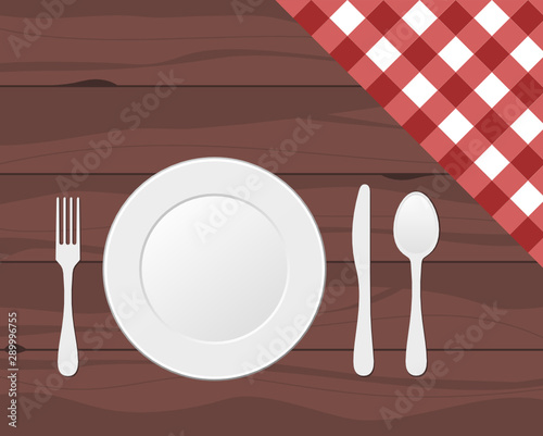 Fork, knife, spoon and plate on wooden texture with red checked cloth. Cutlery, tableware, eating utensils. Table setting for dinner. Place setting, arrangement. Brown wood background. Vector.