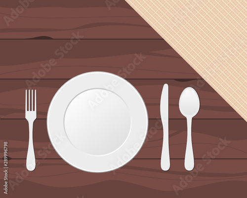 Fork, knife, spoon and plate on wooden texture with linen cloth. Cutlery, tableware, eating utensils. Table setting for dinner. Place setting, arrangement. Brown wood background. Vector illustration.