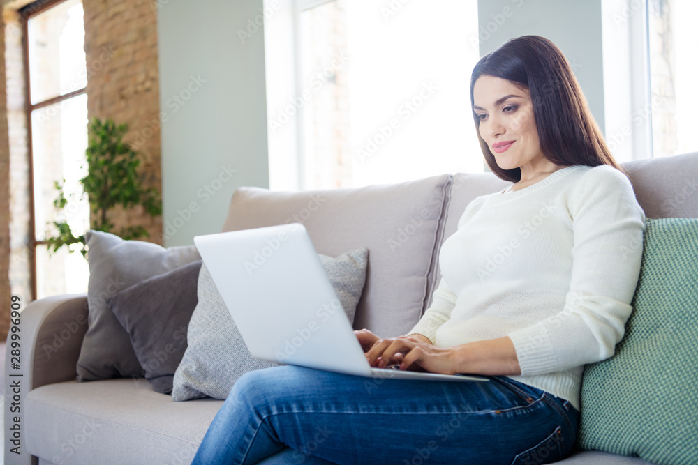 Portrait of her she nice attractive lovely cute cheerful focused girl typing e-mail using laptop sitting on divan in light white interior living-room indoors Portrait of her she nice attractive lovely cute cheerful focused girl typing e-mail using laptop sitting on divan in light white interior living-room indoors