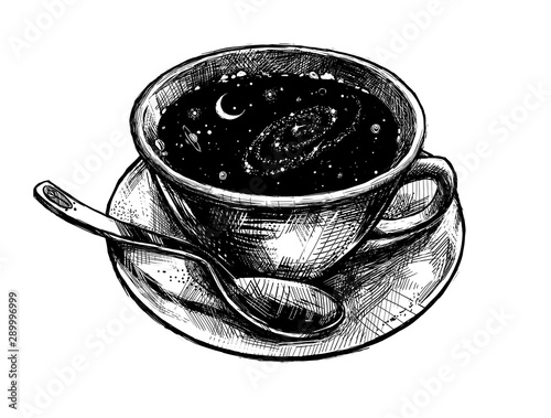 Illustration with a cup of coffee, or other beverage, with the night sky, cosmos with stars and galaxy, inside. The cup on a plate with a spoon.