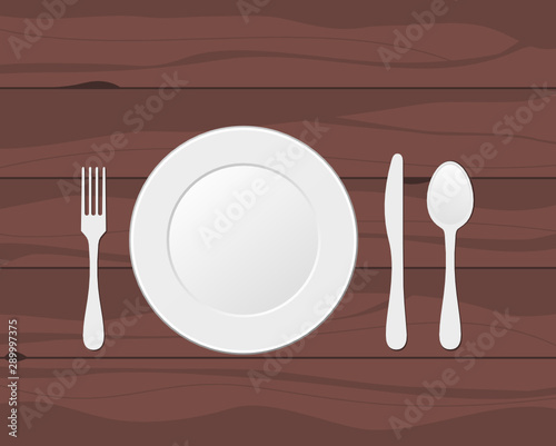 Fork, knife, spoon and plate on wooden texture. Table setting for dinner. Cutlery, tableware, eating utensils. Place setting, arrangement. Brown wood background. Vector illustration,flat lay,top view.