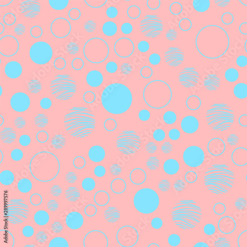 Pink vector background with white, mint, blue circles. Beautiful color pattern in a delicate palette. Design for fabric, paper, packaging, poster, banner sites. Vector illustration