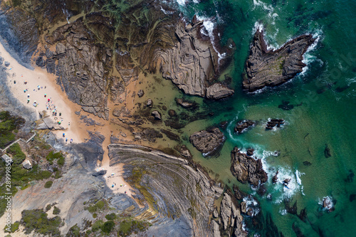 Aerial view of the Carreagem Beach and the rock formations at the in Aljezur, Algarve;