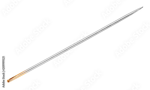 needle with a gold ear for beads on an isolated white background