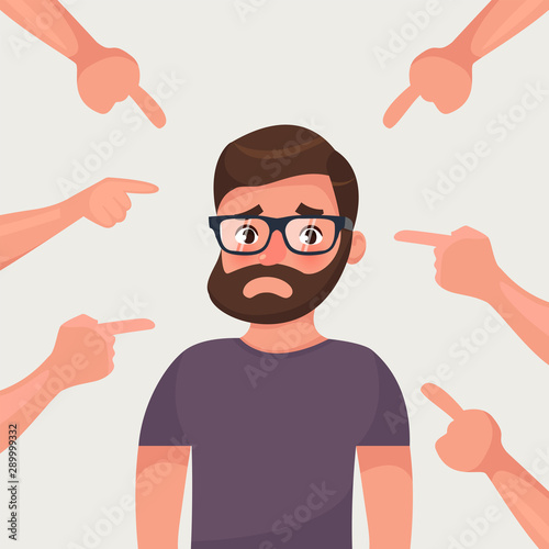 Sad, depressed, ashamed man surrounded by hands pointing him out with fingers. Social disapproval blame and accusation concept. Flat style character vector illustration