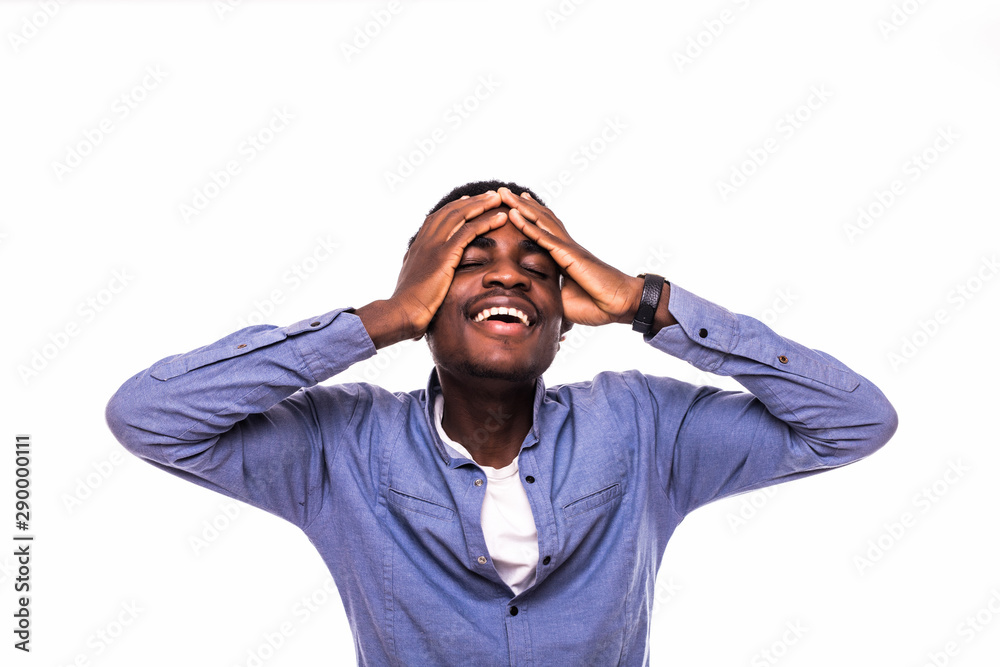African american with head pain on white background African american with head pain on white background