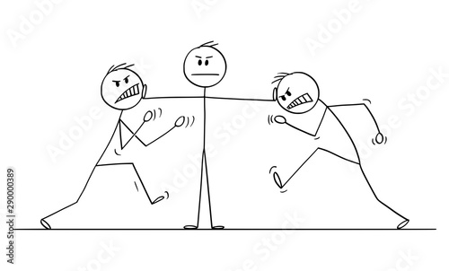 Slika na platnu Vector cartoon stick figure drawing conceptual illustration of man, businessman or manager or leader stopping fight of two angry colleagues