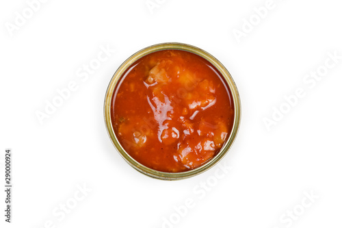 Top view of open canned fish in tomato sauce