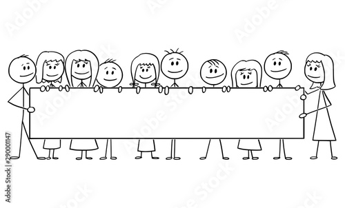 Vector cartoon stick figure drawing conceptual illustration of group of smiling kids or children, boys and girls holding together big empty horizontal sign.