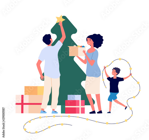 Family decorates christmas tree. Smiling mom, dad and kids celebrate christmas at home. Xmas and winter holiday vector flat concept. Decoration tree to christmas and celebration holiday illustration
