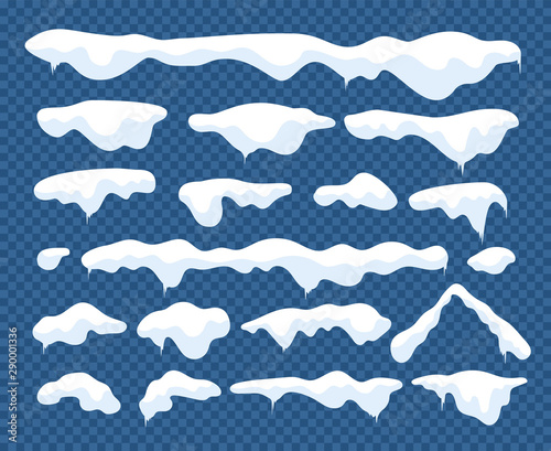 Snow caps. Snowballs and snow drifts winter decoration snowy elements. Christmas cartoon vector isolated set. Illustration snowy effect, top snowcap decoration