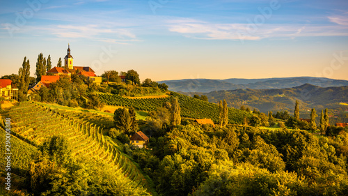 Autumn Landscape panorama of vineyard on an Austrian countryside during sunset in Kitzeck im Sausal