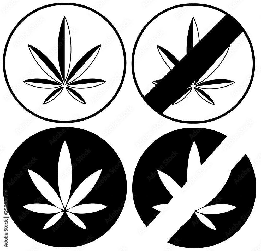 A set of a marijuana sign, one is prohibited and one is not prohibited. Simply flat design isolated on white background. A symbolic icon graphic for web, logo, app, banner and etc.