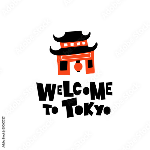 Welcome to Tokyo. Funny vector illustration of japanese shinto temple.