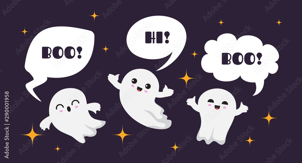Cute happy ghosts. Flat ghost vector character. Halloween boo background. Illustration ghost halloween say hi and boo, autumn ghostly - obrazy, fototapety, plakaty 