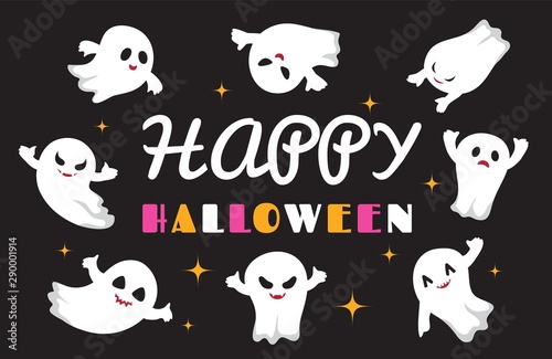 Cute ghosts. Flat ghost vector character. Happy Halloween background. Illustration halloween spooky ghost, holiday horror creature