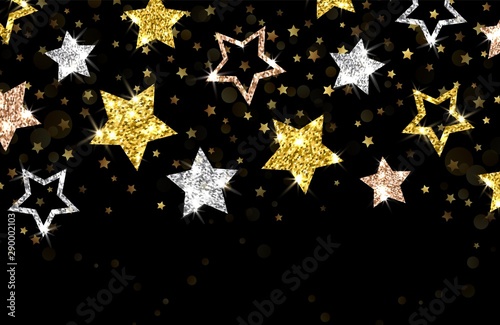 Christmas background. Gold stars vector banner. Shining silver gold bronze stars, new year xmas backdrop, card template. Christmas shimmering card, celebration banner with star glittering illustration