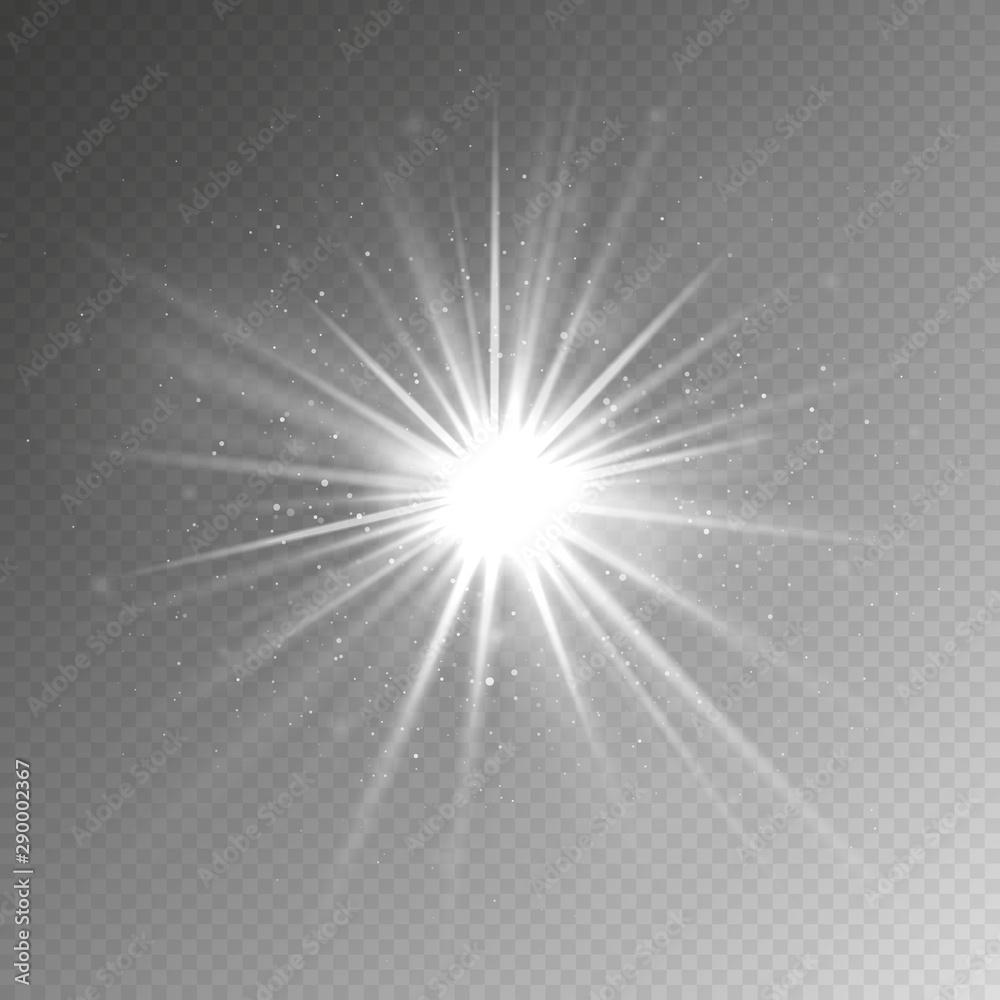 Light effect. Glow light star. Vector shining silver burst with sparkles isolated on transparent background. Illustration magic sparkle on transparent backdrop - obrazy, fototapety, plakaty 