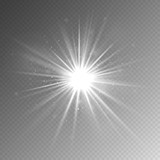Light effect. Glow light star. Vector shining silver burst with sparkles isolated on transparent background. Illustration magic sparkle on transparent backdrop