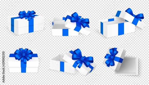 Gift boxes. White open present empty box with blue bow and ribbons. Christmas Birthday Valentine day vector template. Collection of gift box to holiday with blue ribbon