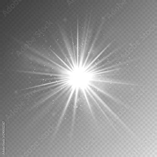 Light effect. Glow light star. Vector shining silver burst with sparkles isolated on transparent background. Illustration magic sparkle on transparent backdrop