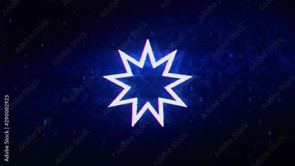 Bahai Nine pointed star Bahaism Symbol Abstract Digital Pixel Noise Glitch Error Video Damage Signal Loop 4K Animation.