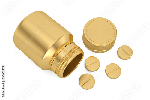 A medicine bottle and golden pills Isolated on white background. 3d illustration