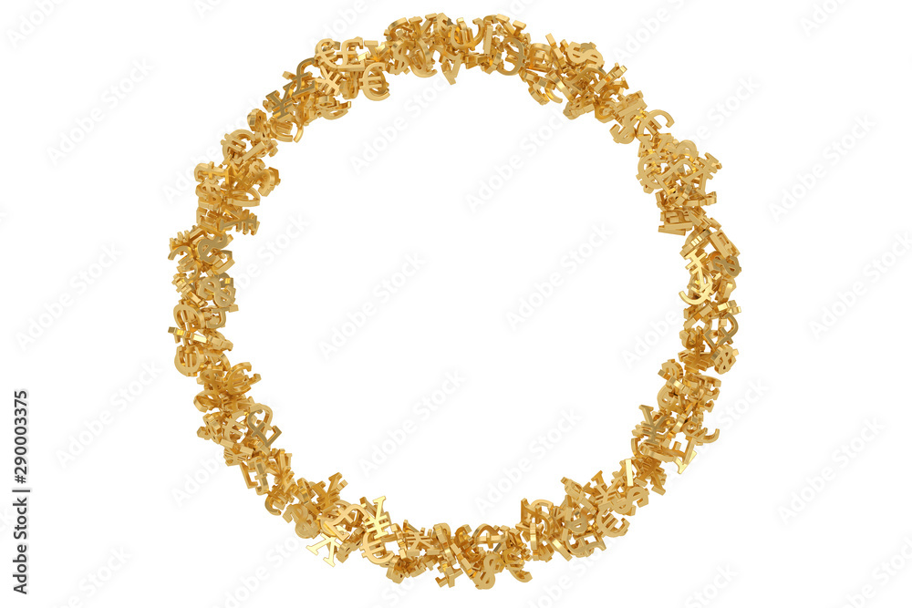 Golden currency symbol circle shape isolated on white background 3D illustration. Golden currency symbol circle shape isolated on white background 3D illustration.