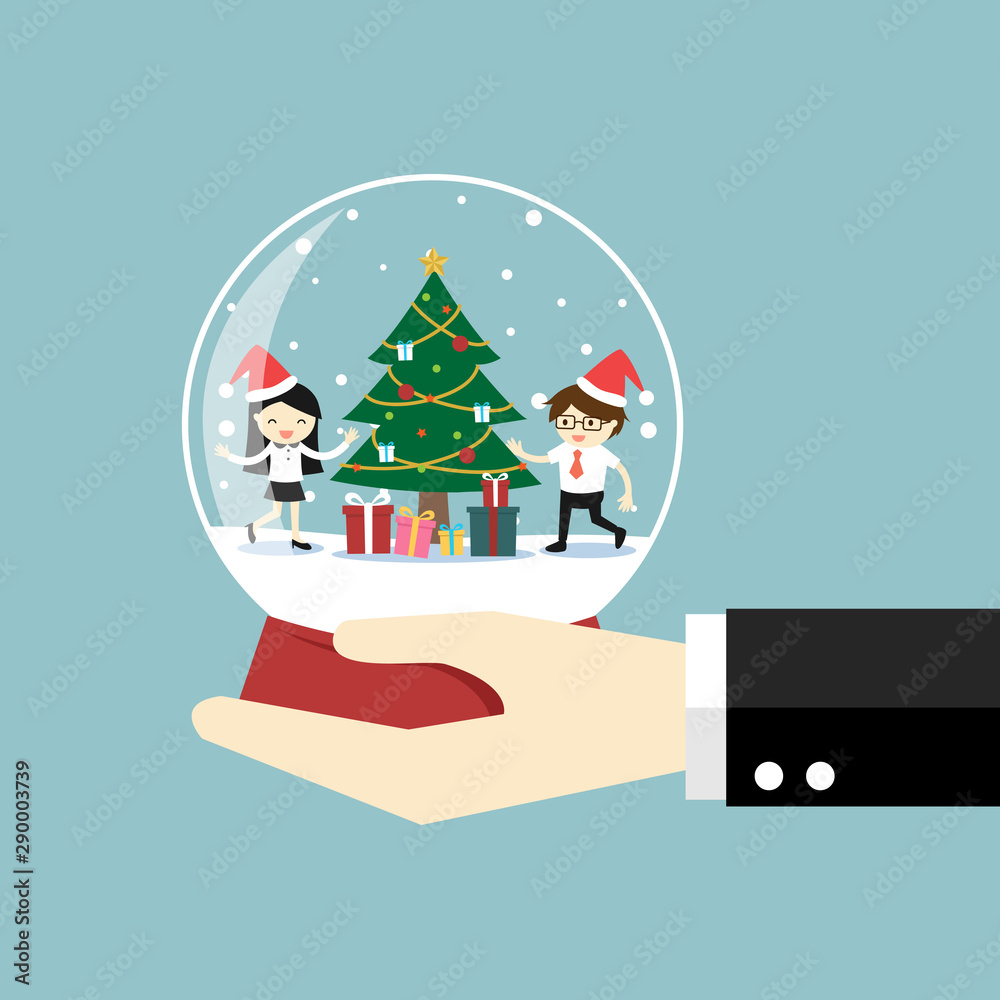 Hand holding snow globe which woman and man feeling happy inside. Vector illustration.