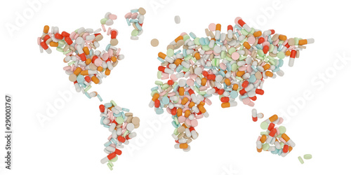 World map made of pills. Isolated on white background. 3d illustration