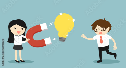 Business concept, Business woman attracting light bulbs from a businessman. Vector illustration.