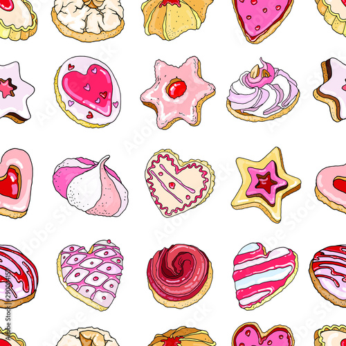 Vector seamless pattern with pretty pink appetizing cookies. Round, heart, star shape. Nice , icolated on white elements for holiday food design: birthday, saint valentine, christmas ,wedding