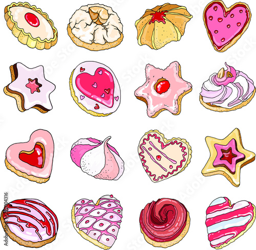 Vector set with pretty pink appetizing cookies. Round, heart, star shape. Nice , icolated on white elements for holiday food design: birthday, saint valentine, christmas.