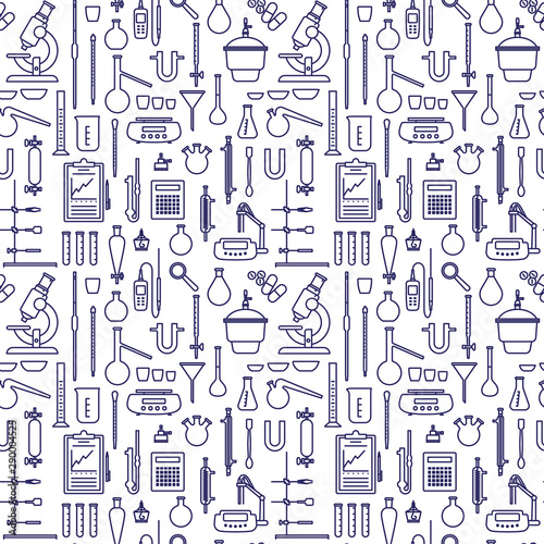 Vector seamless monochrome pattern with laboratory equipments and instruments in a flat style with a wide outline. Wallpaper with line icons on the theme of chemistry.