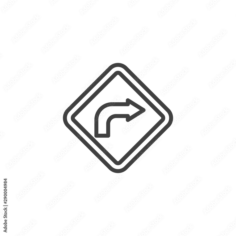 Right turn traffic sign line icon. linear style sign for mobile concept and web design. Turn right road sign outline vector icon. Symbol, logo illustration. Vector graphics Right turn traffic sign line icon. linear style sign for mobile concept and web design. Turn right road sign outline vector icon. Symbol, logo illustration. Vector graphics