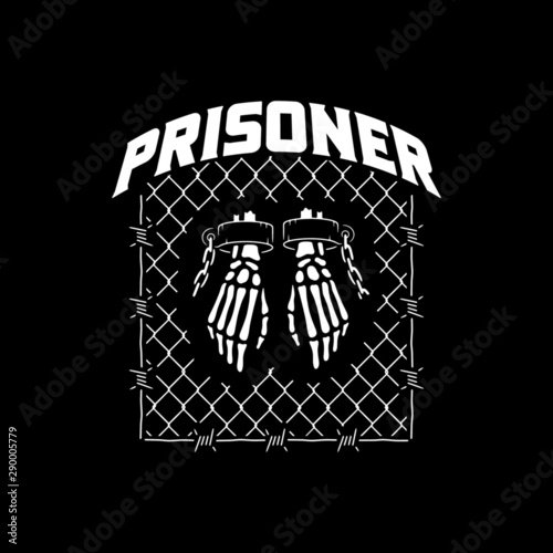 SKELETON PRISONER BADGE WHITE BLACK BACKGROUND