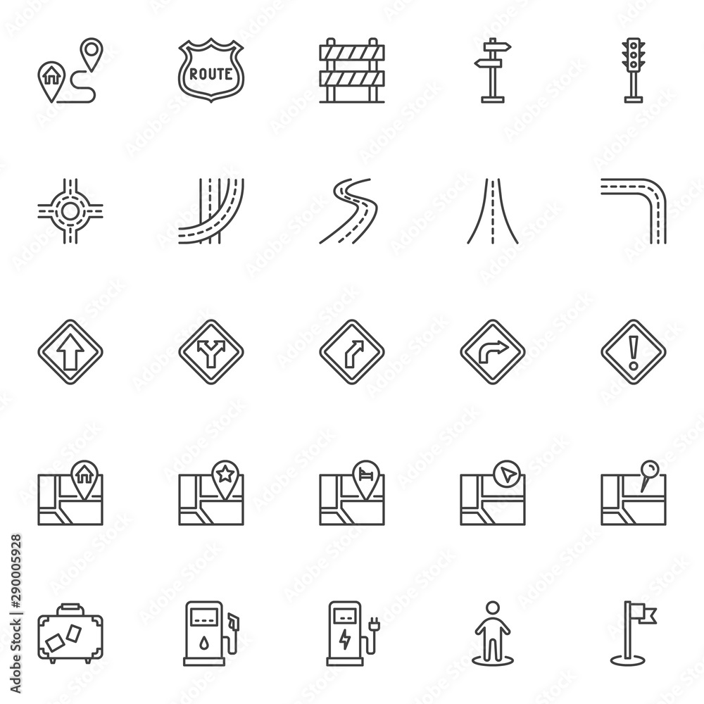 Road trip line icons set. linear style symbols collection, outline signs pack. vector graphics. Set includes icons as Home address, gps navigation pin, map marker, hotel location, crossroad, highway Road trip line icons set. linear style symbols collection, outline signs pack. vector graphics. Set includes icons as Home address, gps navigation pin, map marker, hotel location, crossroad, highway