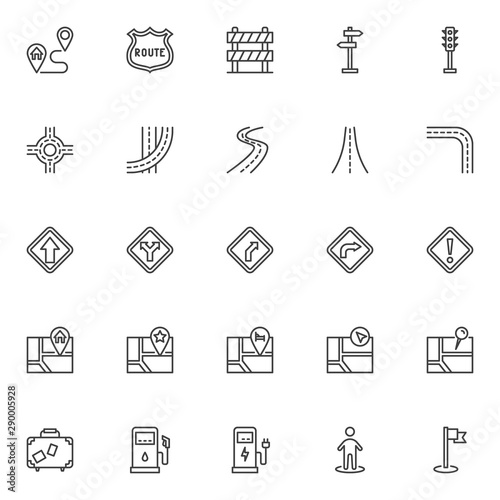 Road trip line icons set. linear style symbols collection, outline signs pack. vector graphics. Set includes icons as Home address, gps navigation pin, map marker, hotel location, crossroad, highway