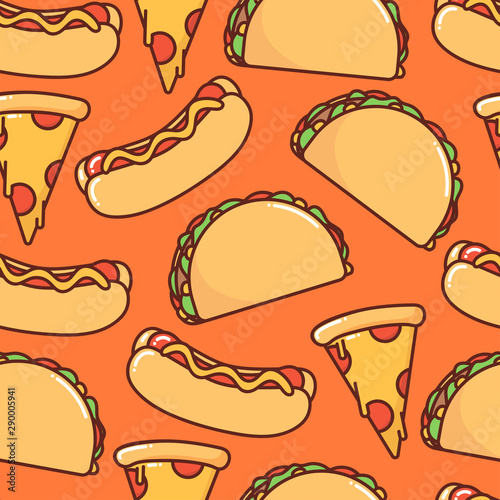 Vector image, seamless pattern. Print tacos, hot dog, a slice of pizza, tortilla. Fast food, unhealthy, junk, greasy food. Shameless image for fabric or textile, poster, banner, for snack bar or cafe.