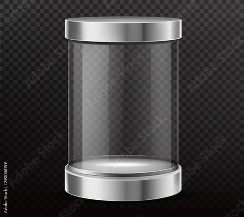 Glass cylinder capsule, empty round showcase, exhibit transparent display box with steel cap, podium isolated 3d realistic vector illustration. Safety container, product presentation, packaging mockup