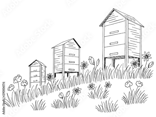 Apiary graphic black white landscape sketch illustration vector
