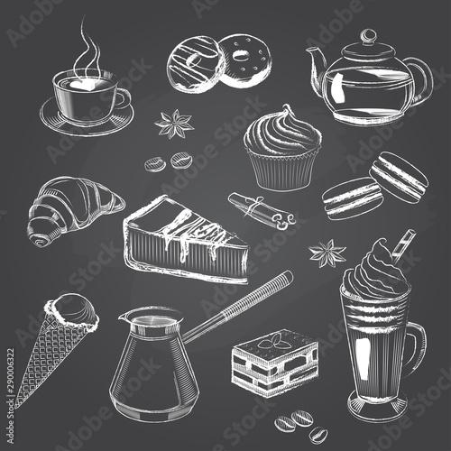 Coffee and dessert doodle set. Hand drawn vector illustration of sweets and coffee. Drinks and sweets sketch style collection.