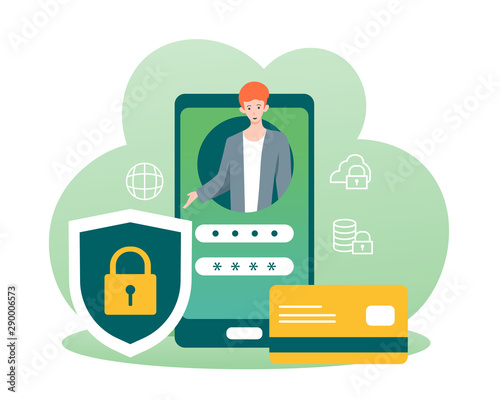 Data protection, privacy, personal data security and internet security concept with smartphone and credit card illustration