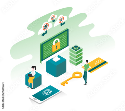 Data protection, privacy, internet security and data security concept in modern flat isometric