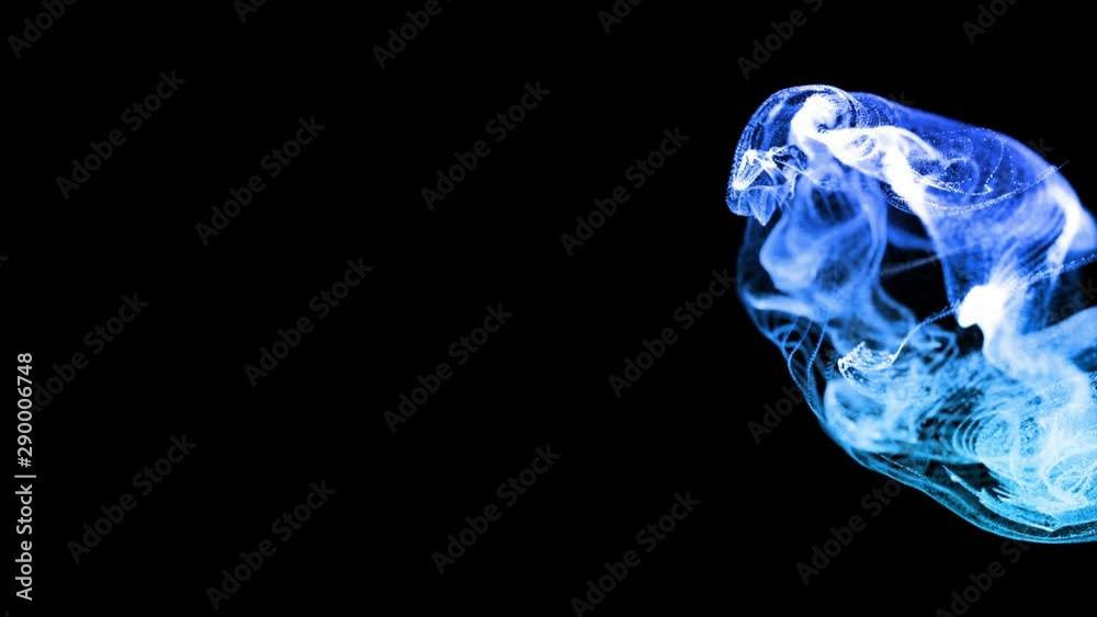 3d render blue luminous particles in a fluid stream in slow motion. The effect is similar to ink in water. Advection glow particles in 4k