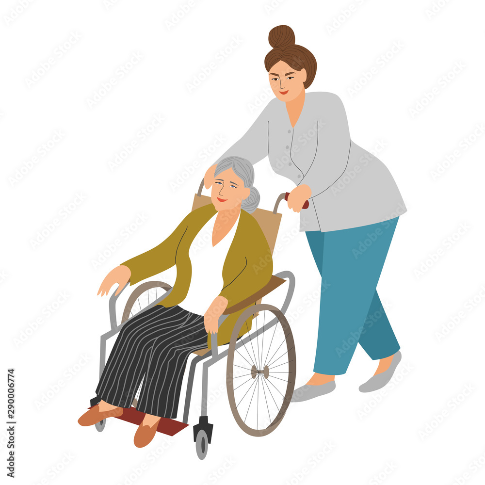 A nurse carries an elderly woman in a wheelchair. Hand-drawn flat cartoon vector illustration isolated on white for banner or poster design. A nurse carries an elderly woman in a wheelchair. Hand-drawn flat cartoon vector illustration isolated on white for banner or poster design.
