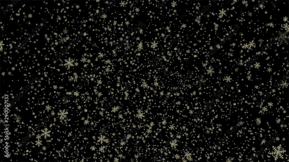 Abstract snowy background with snowflakes, Stardust gold bokeh on black background with flare effect.