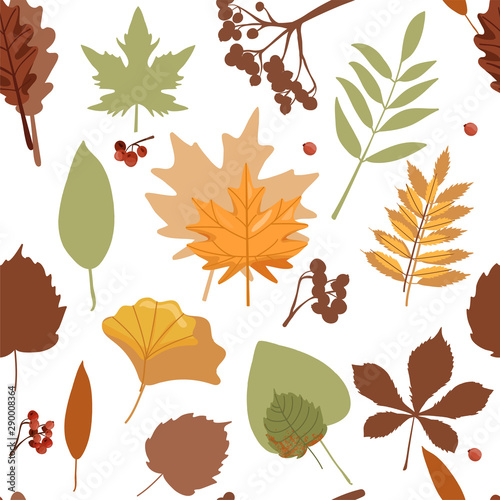 Autumn background. Seamless abstract pattern with autumn various leaves and rowan. Print for fabric, web page background, scrapbooking and wrapping paper. Vector illustration on white background.