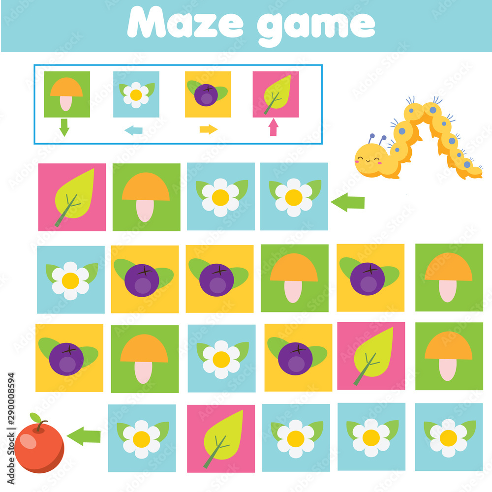 Maze game. Labyrinth with navigation. Help caterpillar find apple