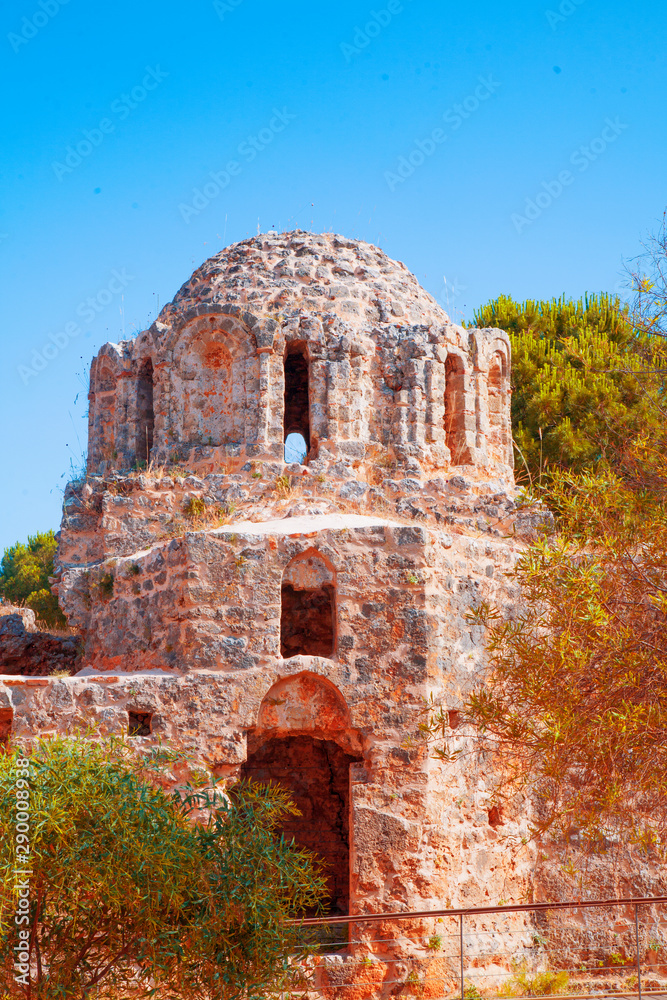 Ruins of the temple. Panoramic views of Alanya castle. Ruins of the temple. Panoramic views of Alanya castle.